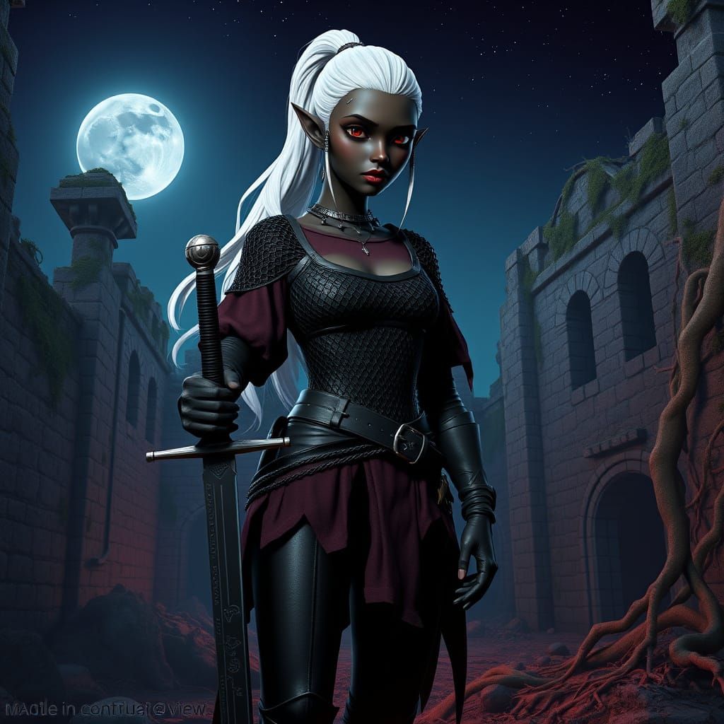 Dark Elf Warrior in Ancient Keep, Radiant in Ebony and White