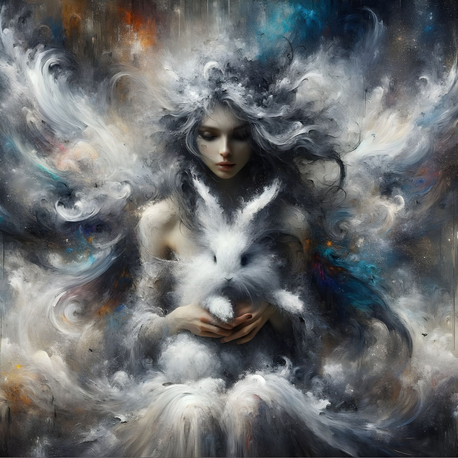 Magical Realism Fairy with Fluffy Rabbit in Vibrant Colors