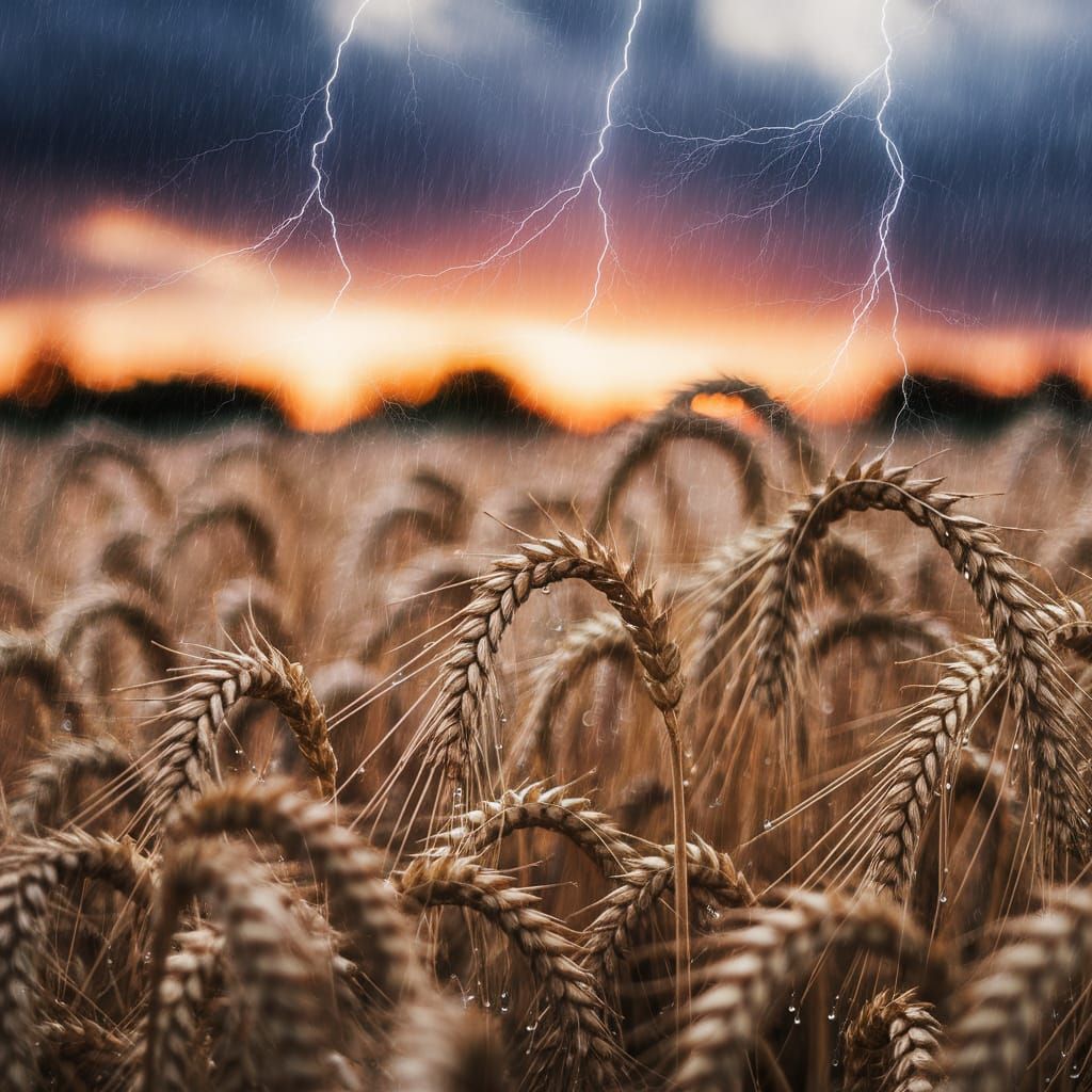 Golden Wheat Field Under Stormy Sky: Macro Photography