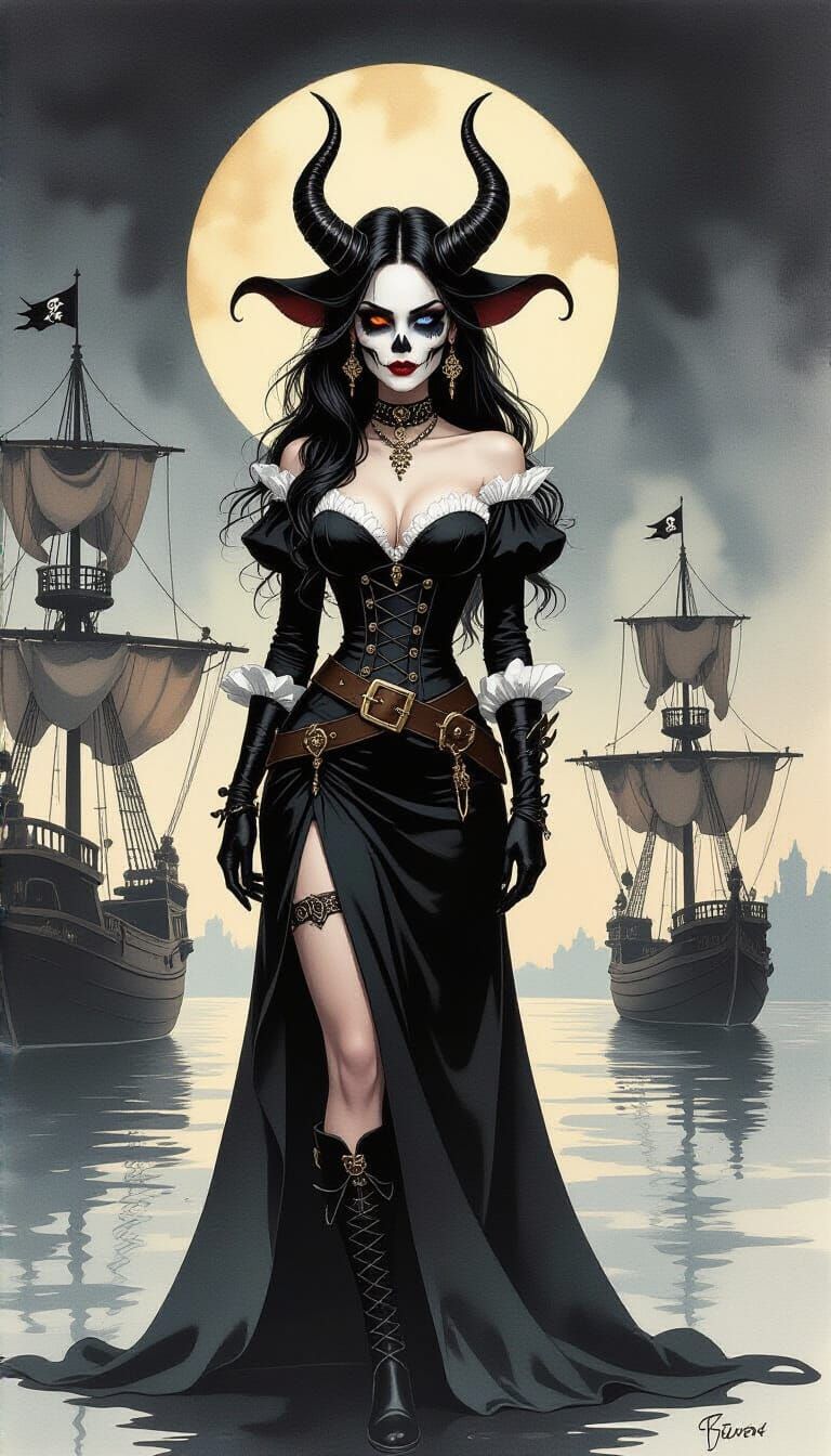 Gothic Pirate Skull Girl Silhouette in Gouache Style