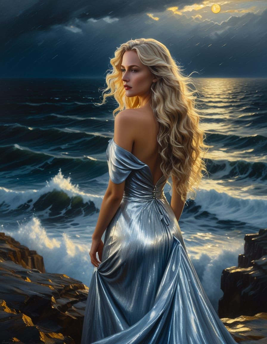 Woman in Silver Gown on Cliff Overlooking Stormy Sea