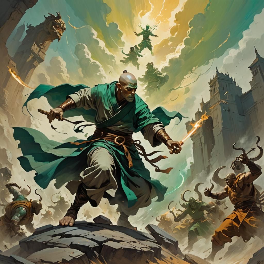 Dynamic fantasy concept art. Low-angle medium shot. Monk with vibrant green eyes in a dynamic pose in a grey abstract wo...