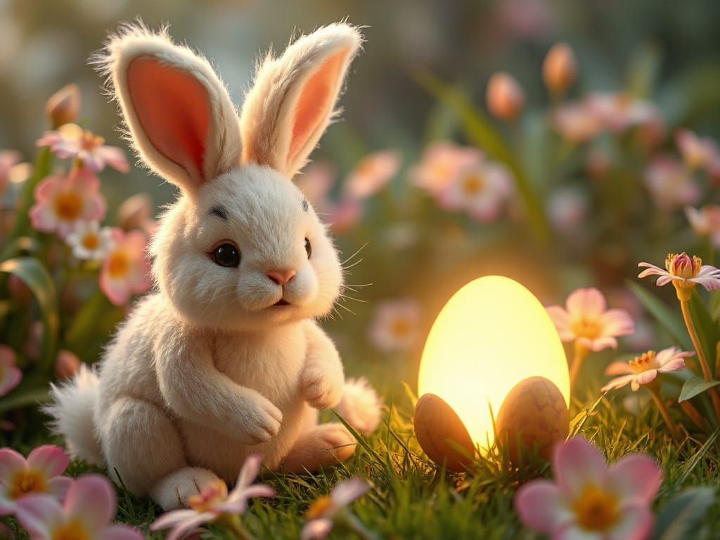 Whimsical Easter Bunny Discovers Glowing Egg in Enchanted Ga...