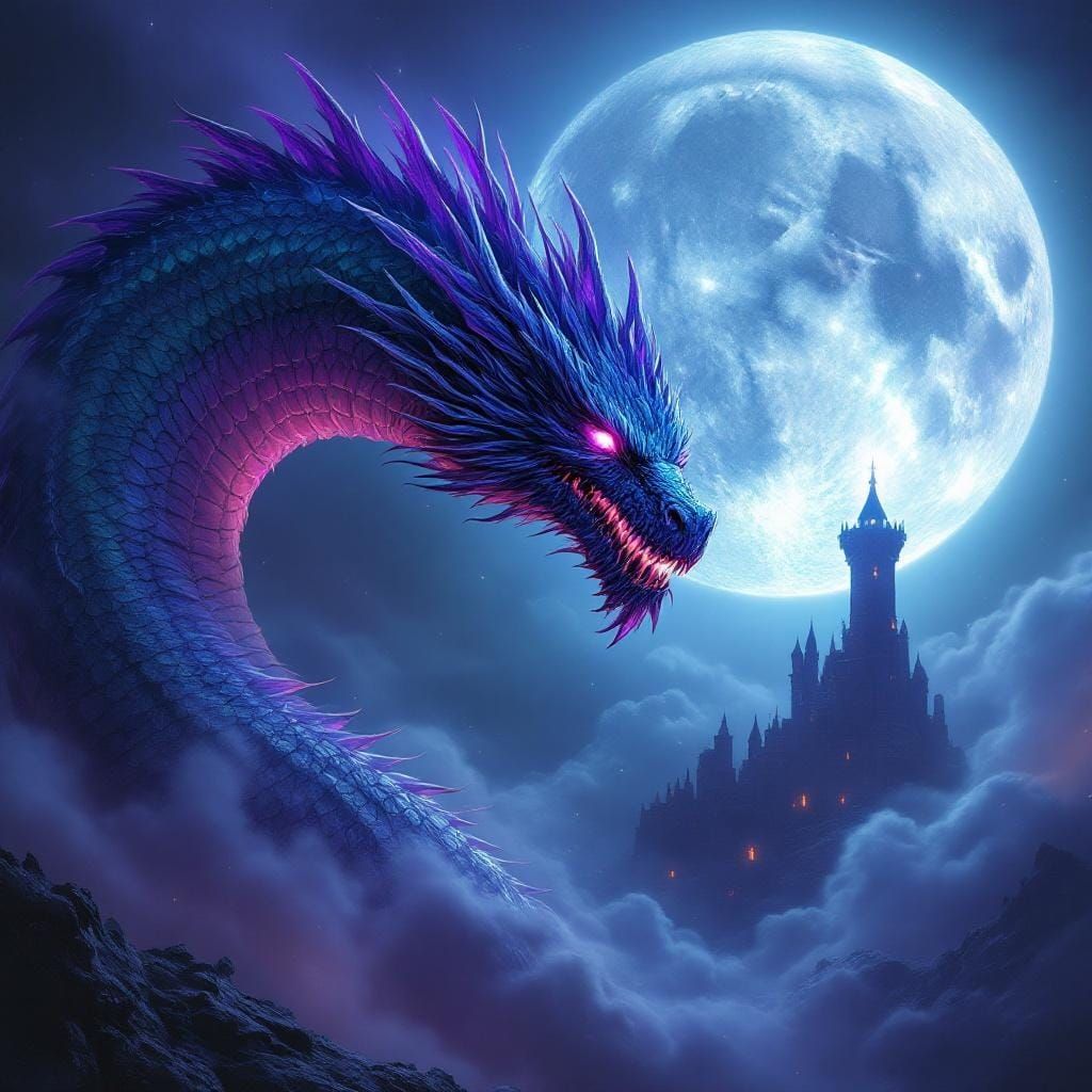 Majestic Dragon Ascends Luminous Castle Under Moonlit Sky
