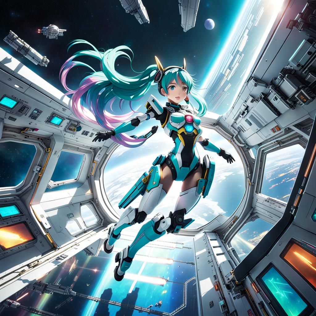 Racing Miku Floats in Iridescent Cyberpunk Space
