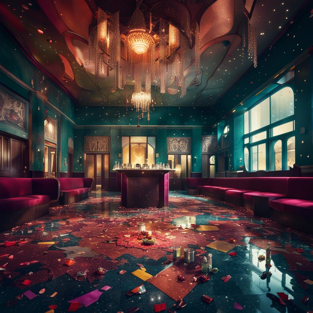 Art Deco Hotel Lobby After Party in Hyperrealism