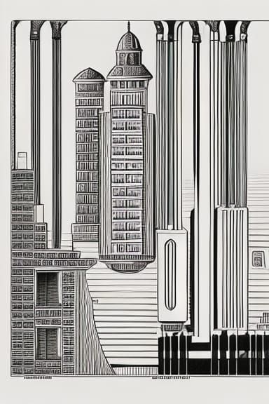 Architectural Patent Illustration Cityscape in Dieselpunk St...