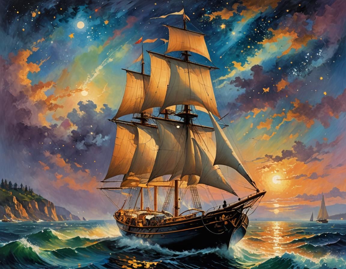 Sailor Sailing Through Stars: Oil Painting Style