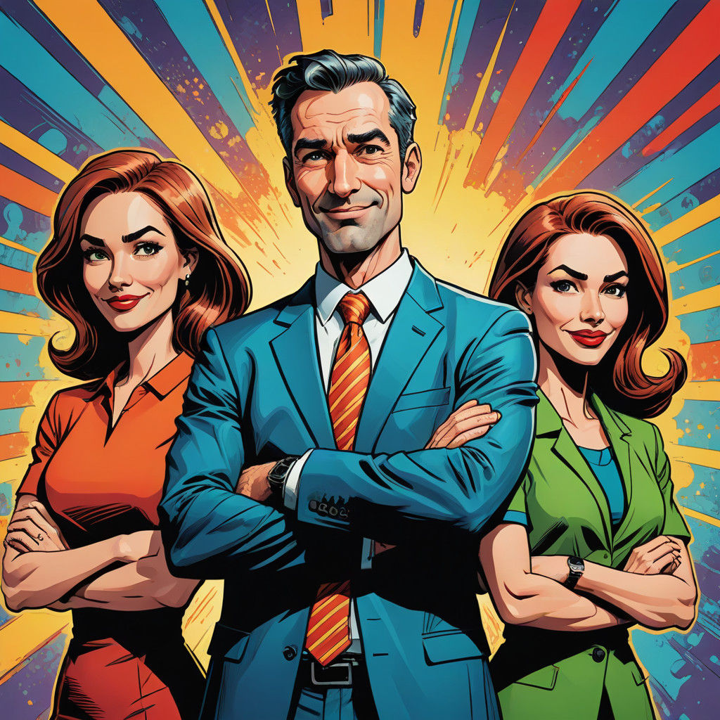 Cartoon Boss with Team: Comic Book Style