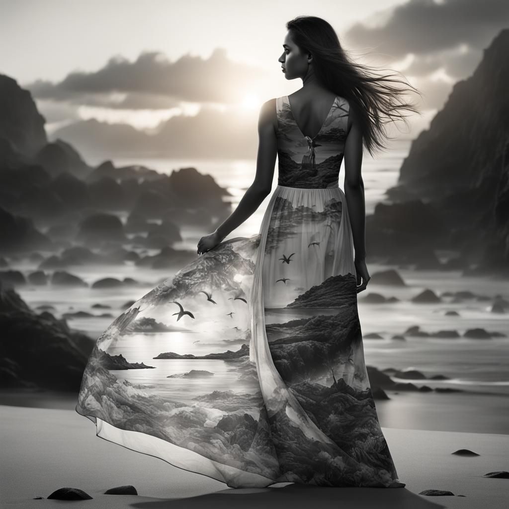 Beautiful Girl in Long Dress at Sunset Coast