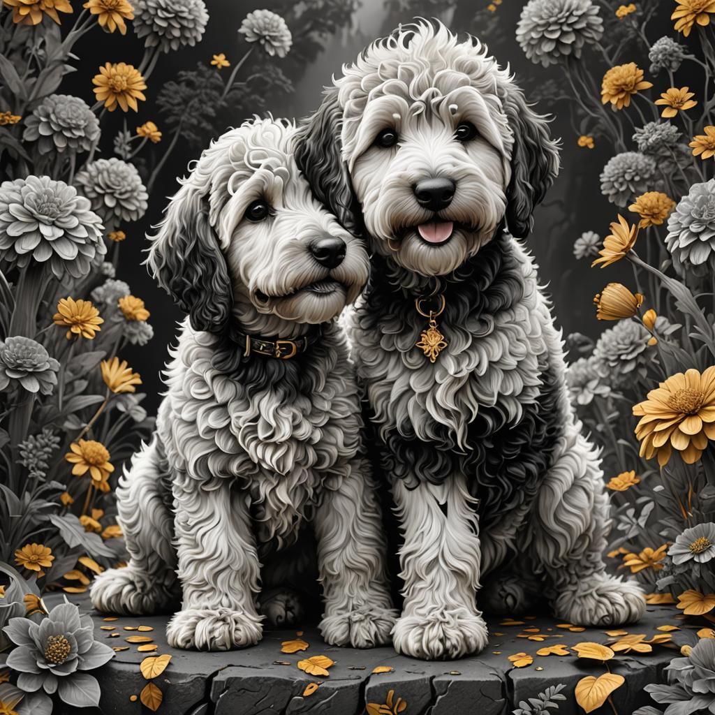 Detailed Black and White Golden Doodle Art