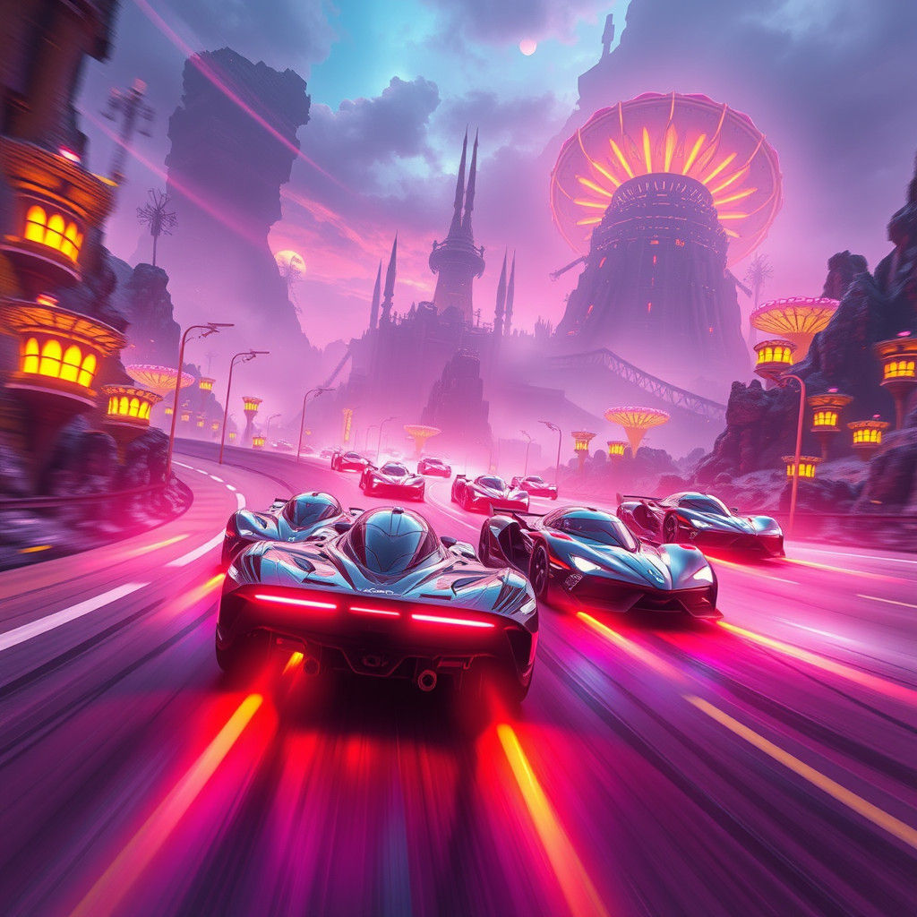 Futuristic Racing Cars in a Mystical Landscape
