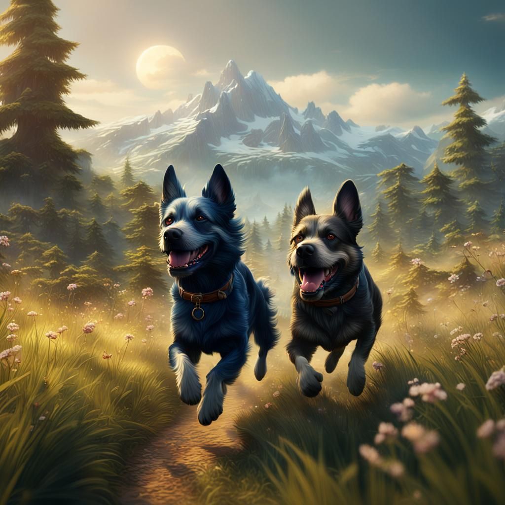 Dogs in Grassy Landscape: Detailed Matte Painting