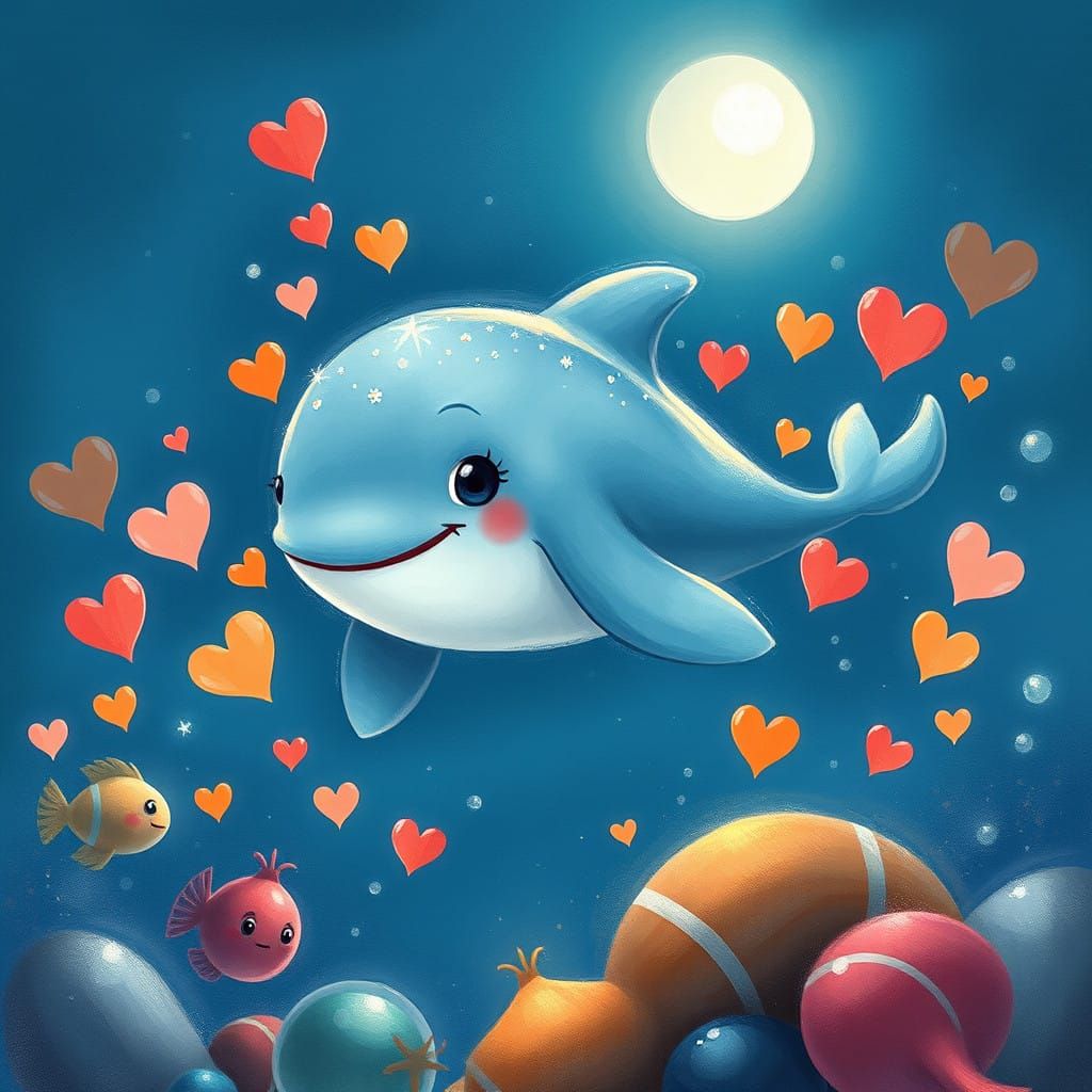 Dreamy Digital Watercolor of a Shining Whale in the Moonlit ...