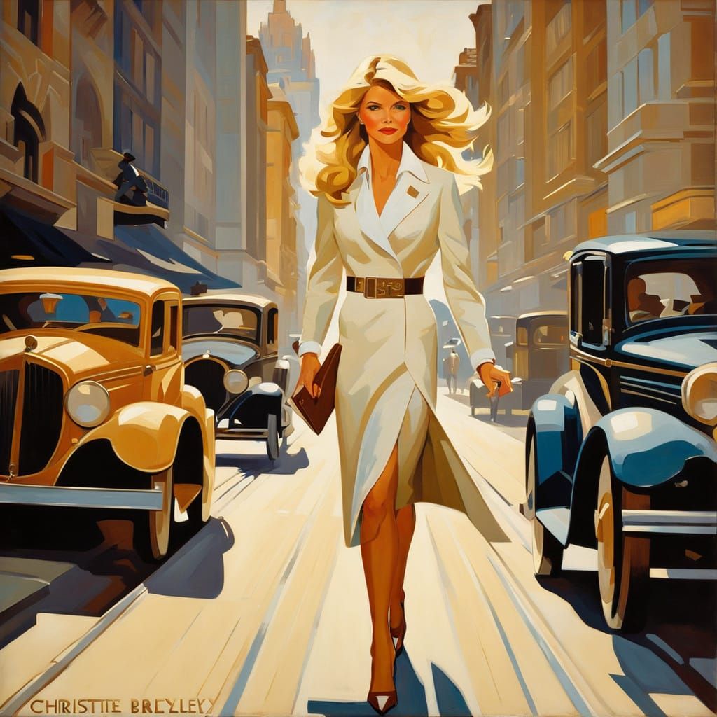 Glamorous Art Deco Woman Strolls City Sidewalk