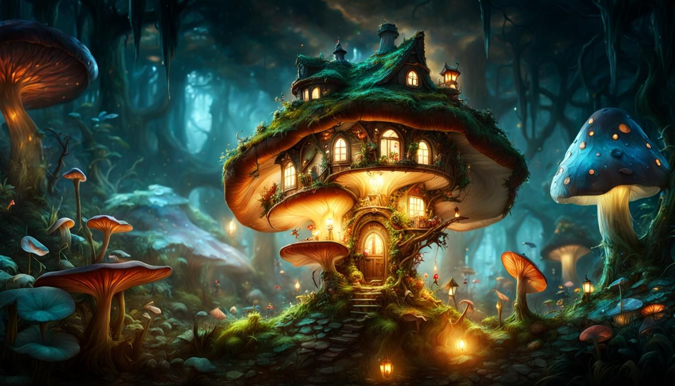 Enchanted Mushroom House in Dark Woodlands