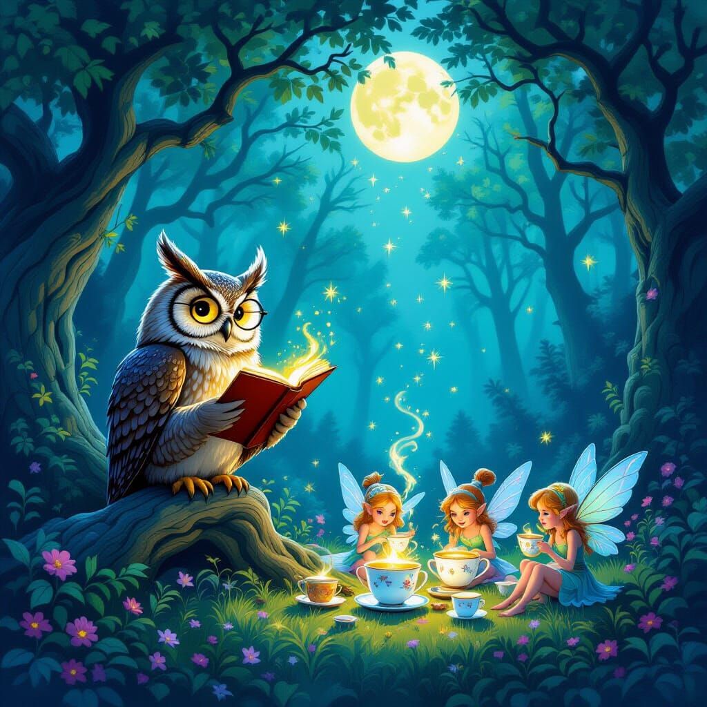 Enchanted Forest Clearing with Owl and Fairies