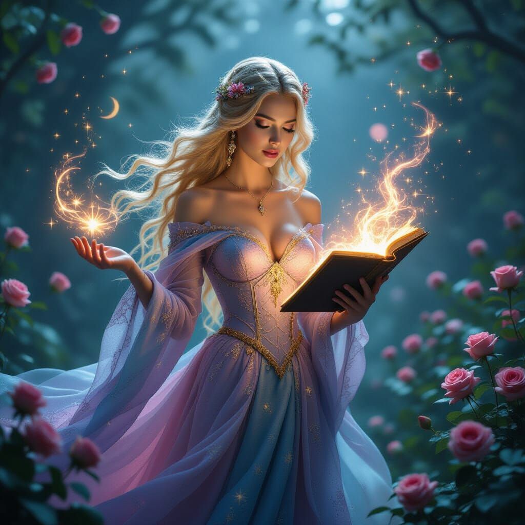 Dream Witch Casting Spells with Starlight and Roses