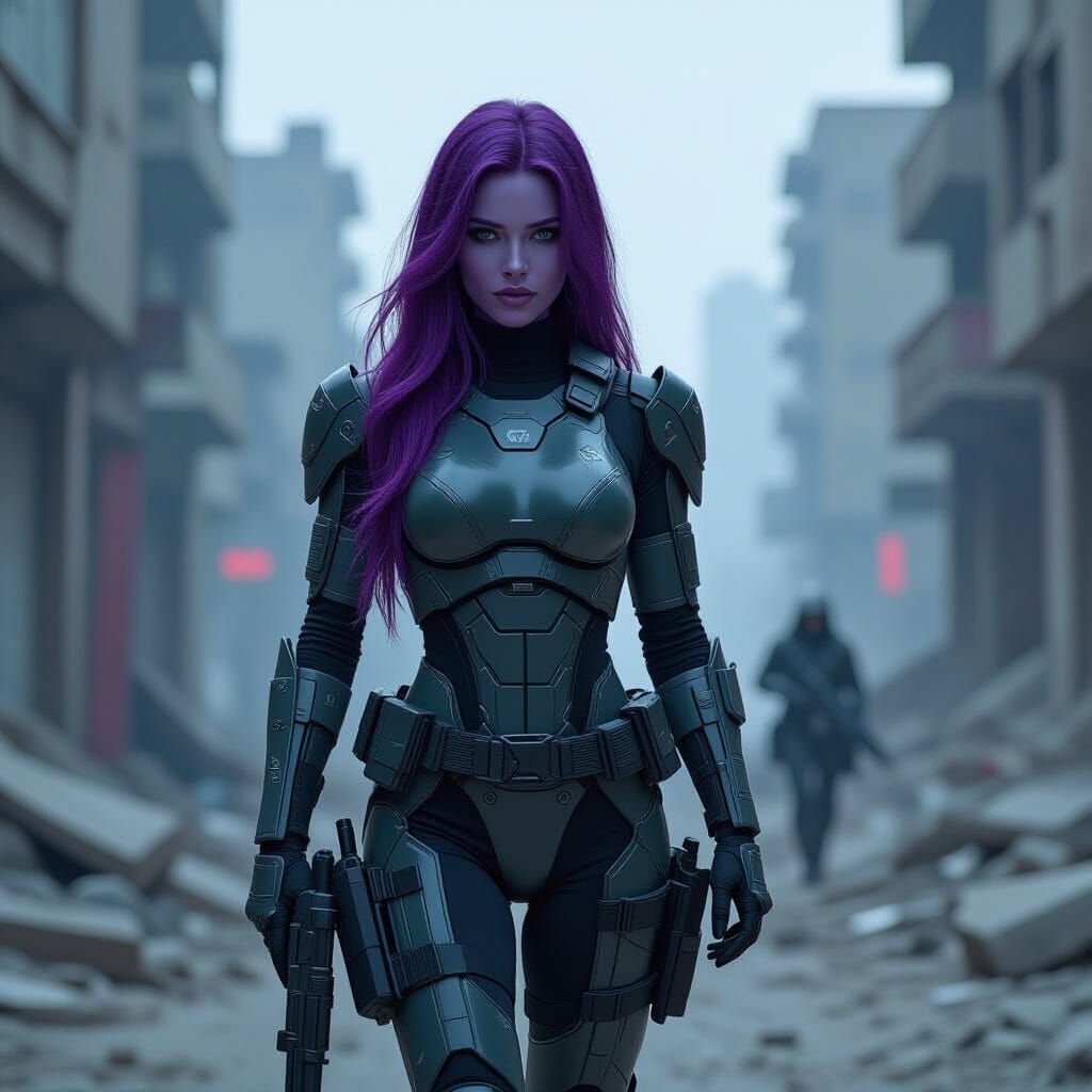 Futuristic Purple Warrior Leading Patrol in Ruined Cityscape