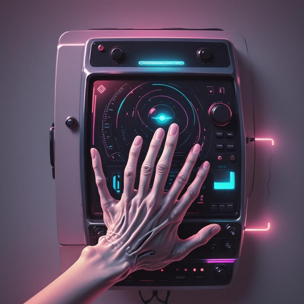 Alien Hand Activates Holographic Display in Synthwave Style