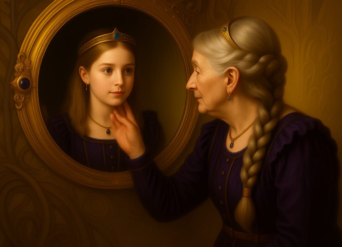 Medieval Woman Sees Younger Self in Jeweled Mirror