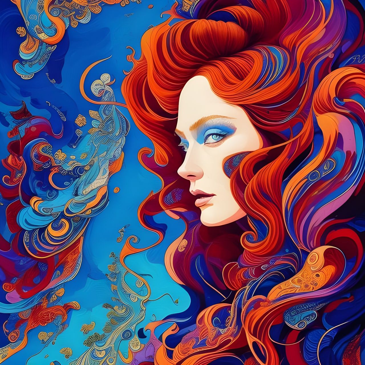 Redhead Portrait in Anime Style with Calligraphy