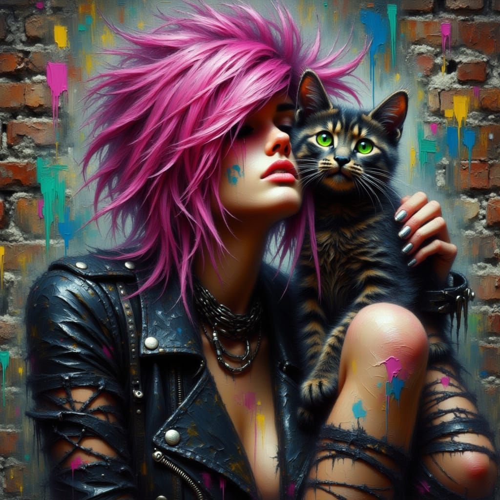 Grungepunk Goddess and Feline Companion