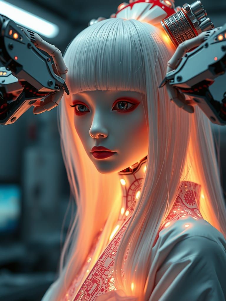 Futuristic Geisha Android Portrait in Repairshop