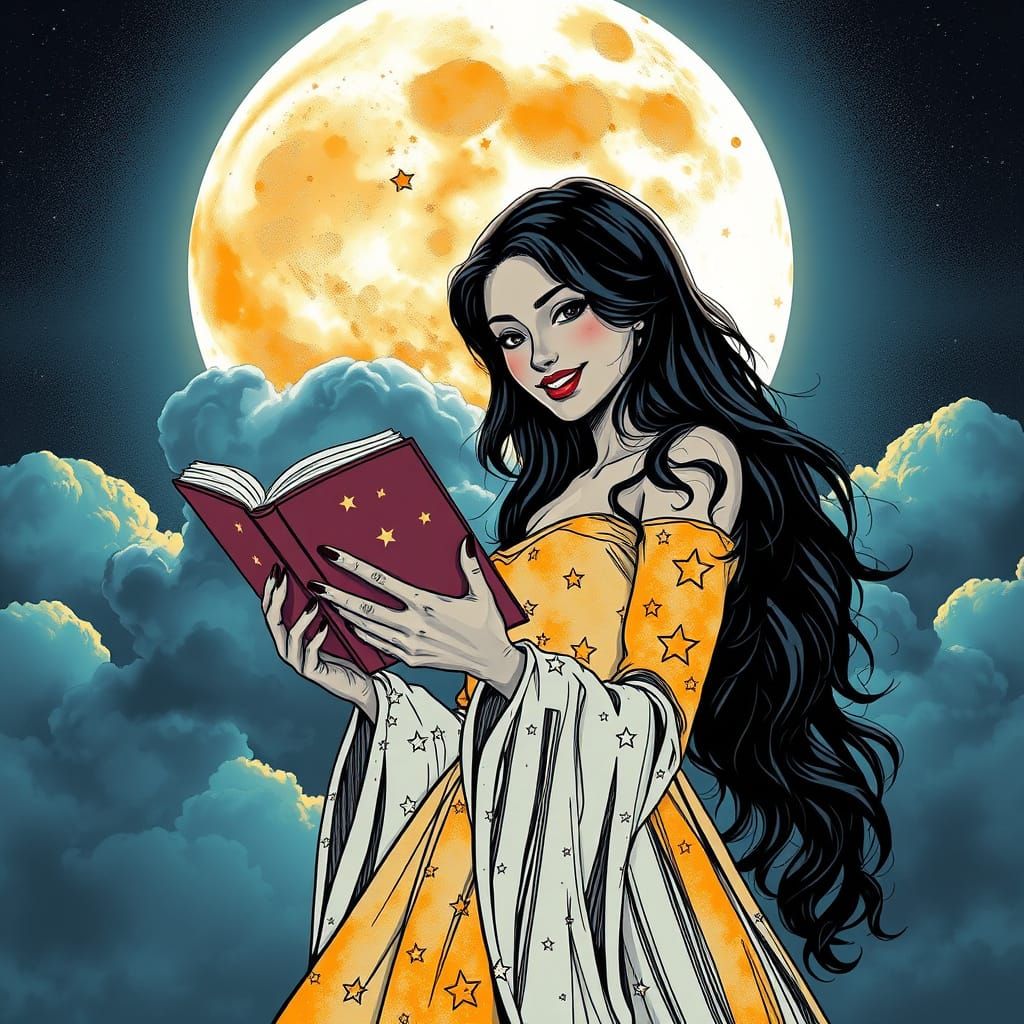Enchanting Woman Reads Under Starry Night Sky in Black and W...
