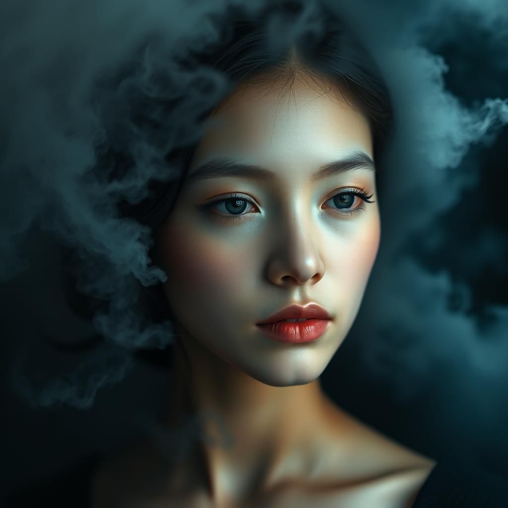 Mystical Woman Portrait with Swirling Clouds