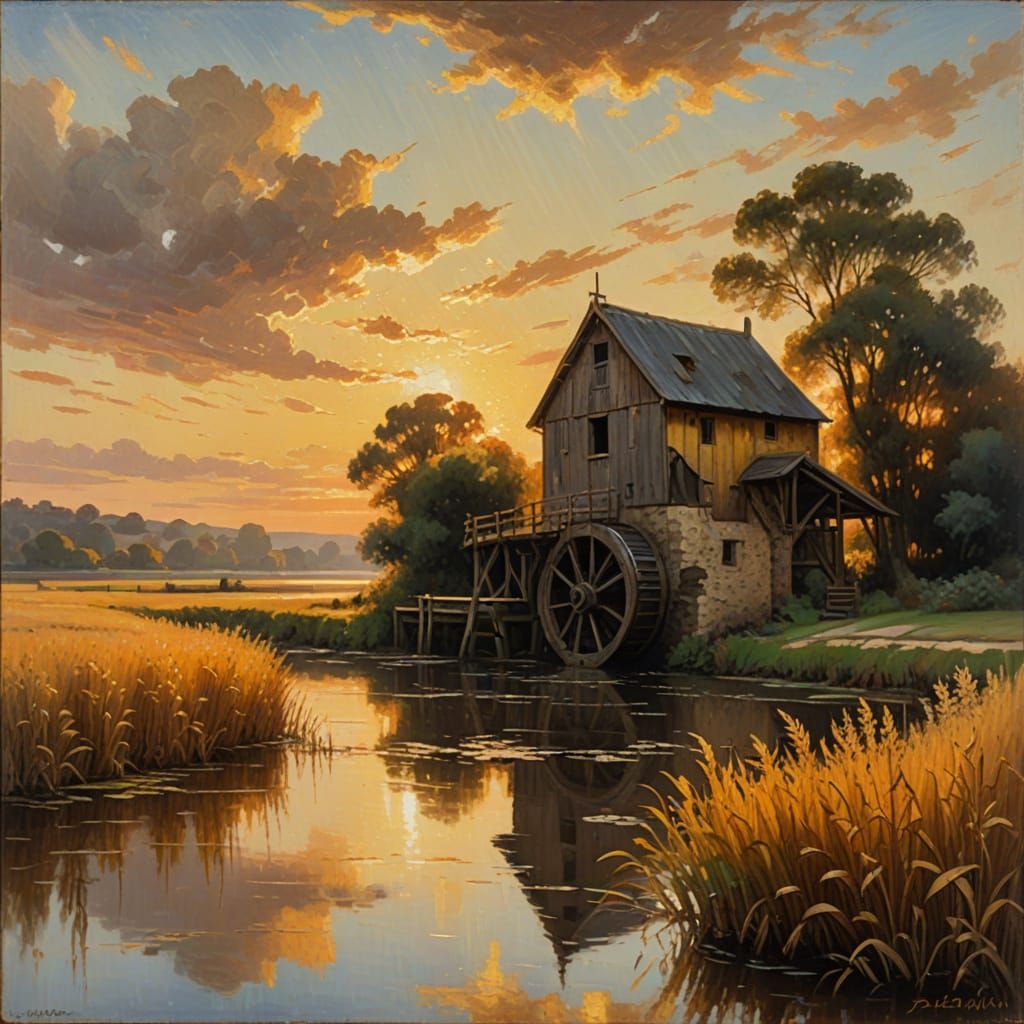 Sunset Over Rustic Watermill River Landscape