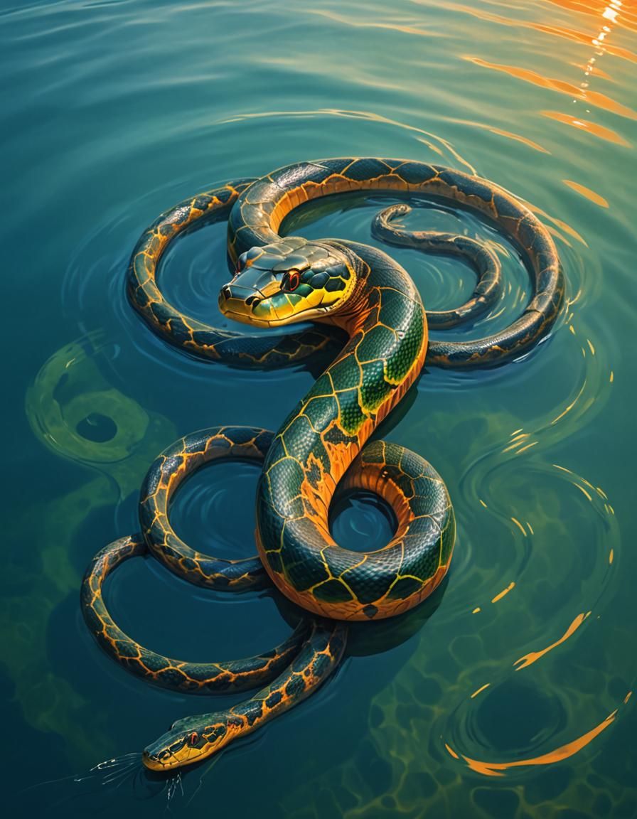 Anaconda Swimming at Sunset with Fishermen
