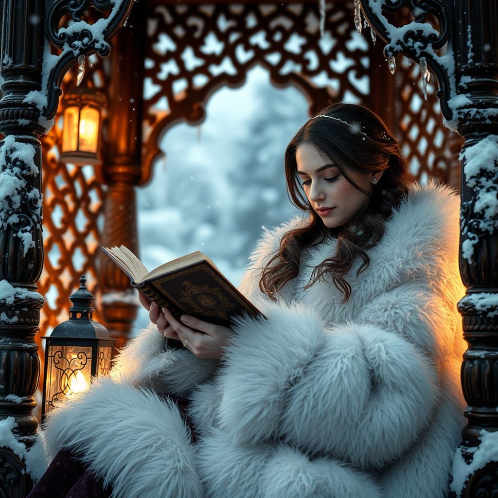 Regina delle Nevi Reads Under a Snowy Gazebo in Luxurious St...