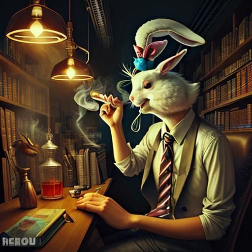 Laughing Rabbit smoking a bong