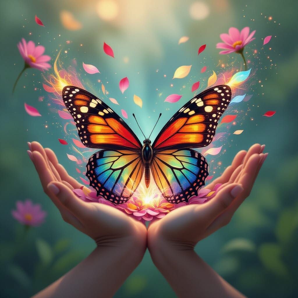 Butterfly Explosion in Hand: Iridescent Wings and Petals