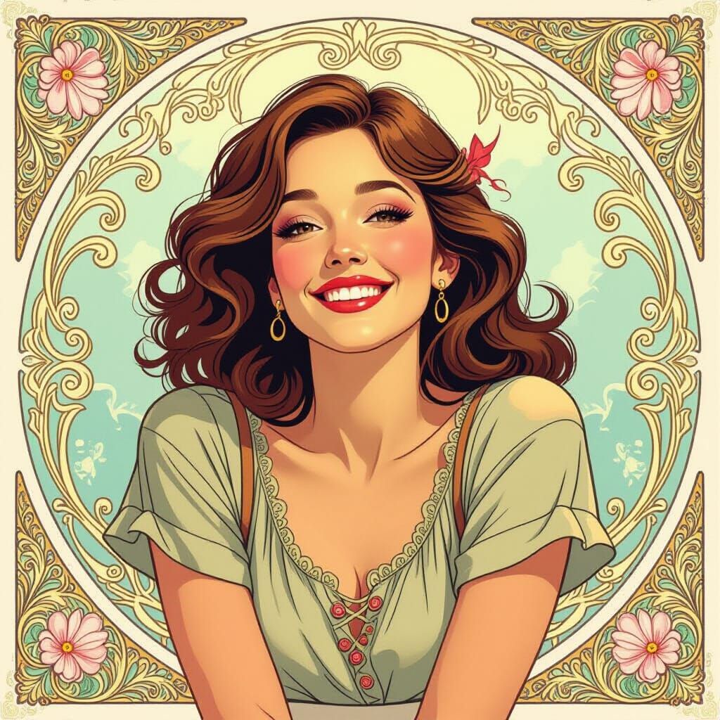 Smiling Woman in Art Nouveau Style with Pastel Colors