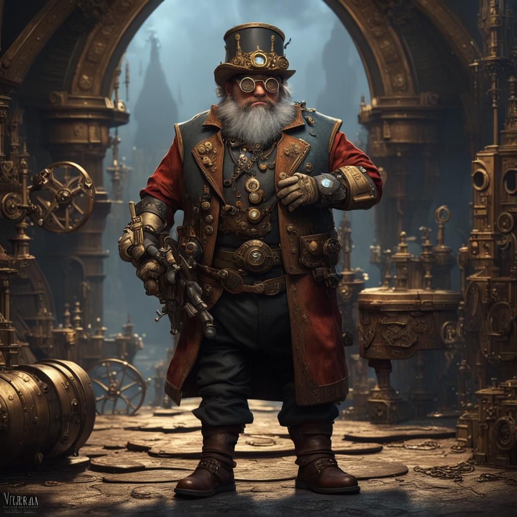 Steampunk Fantasy Scene with Dwarf, Mage, and Victorian Armo...