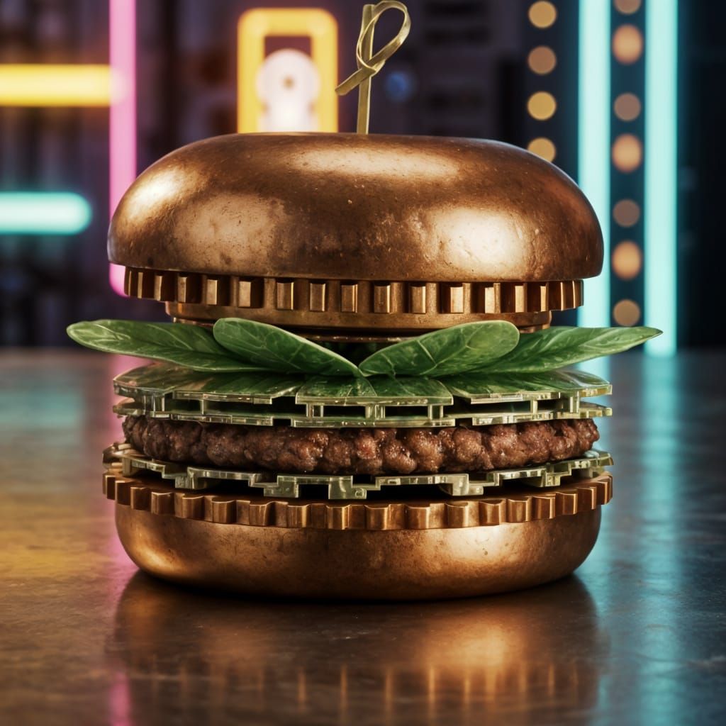 Steampunk Burger with Gears and Circuitry