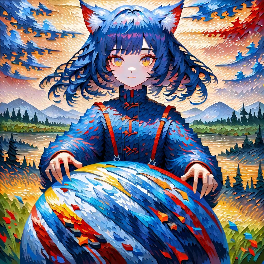 Catgirl Balancing Ball in Neo-Impressionist Style