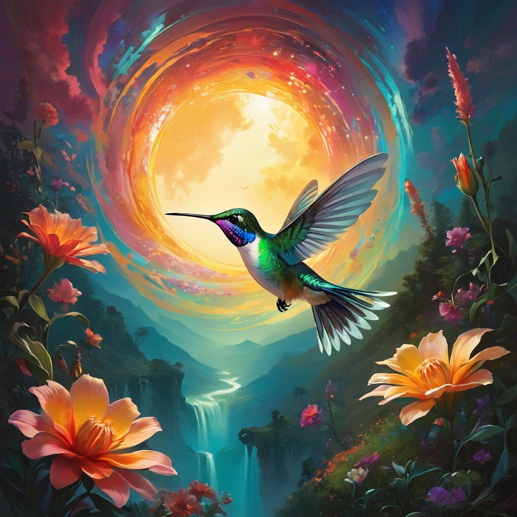Ethereal Hummingbird in Dreamy Landscape