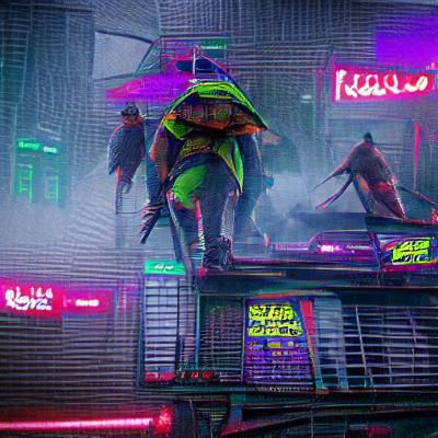 Cyberpunk Ninja Turtles in Neon Cityscape
