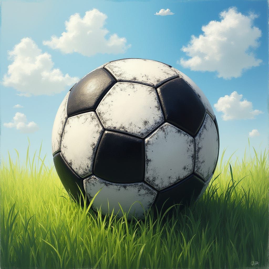 Elegant Soccer Ball on Green Grass: Charcoal Drawing