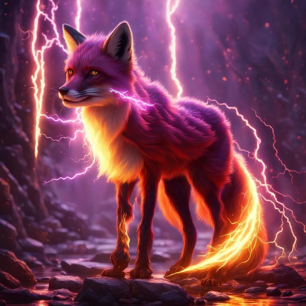 Fox Engulfed in Crimson Lightning: Dark Fantasy Art