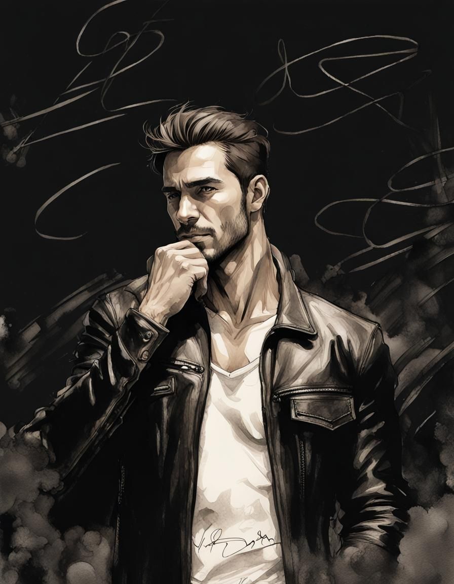 portrait, centered composition fineliner pen and ink wash sk...