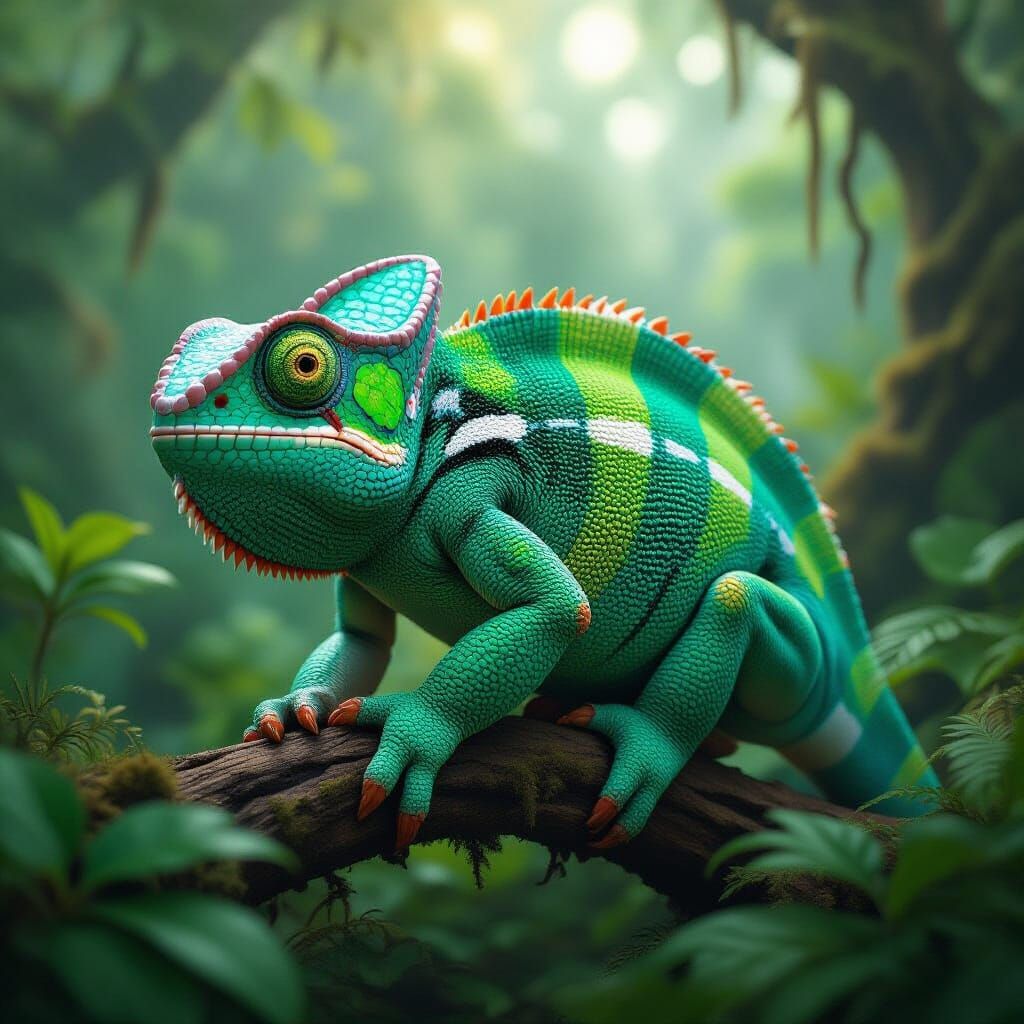 Giant Turquoise Chameleon in Prehistoric Forest, Digital Pai...