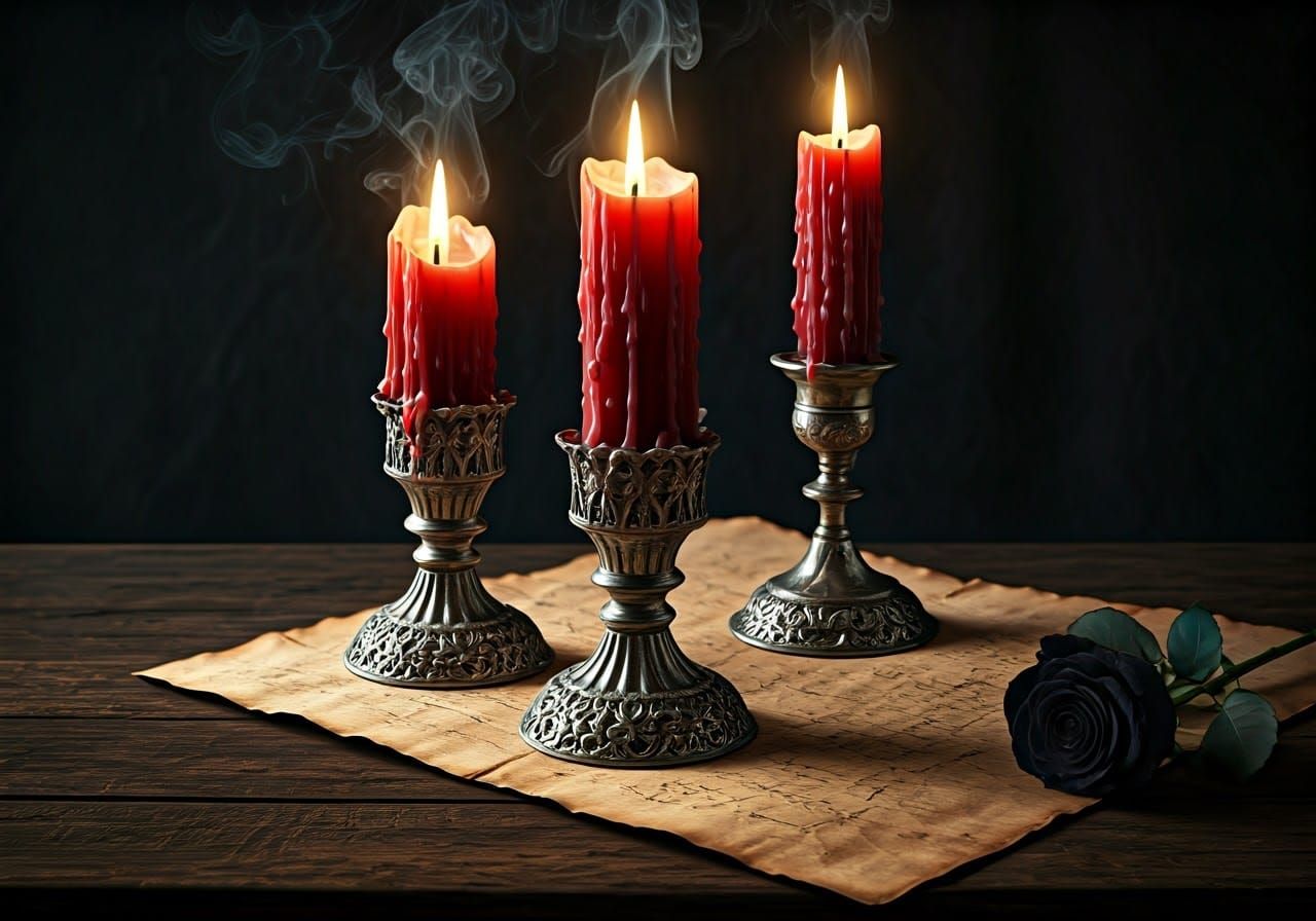 Blood-Red Candles in Ornate Silver Holders, Amidst Ancient P...