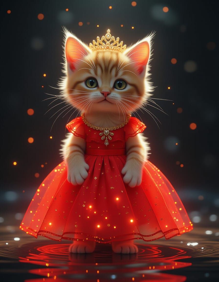 Adorable Kitty in Glowing Red Dress