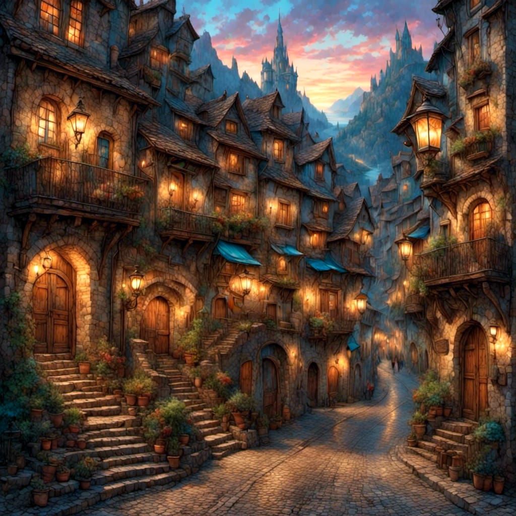 Fantasy City at Dusk: Lit Streets and Bustling Scene