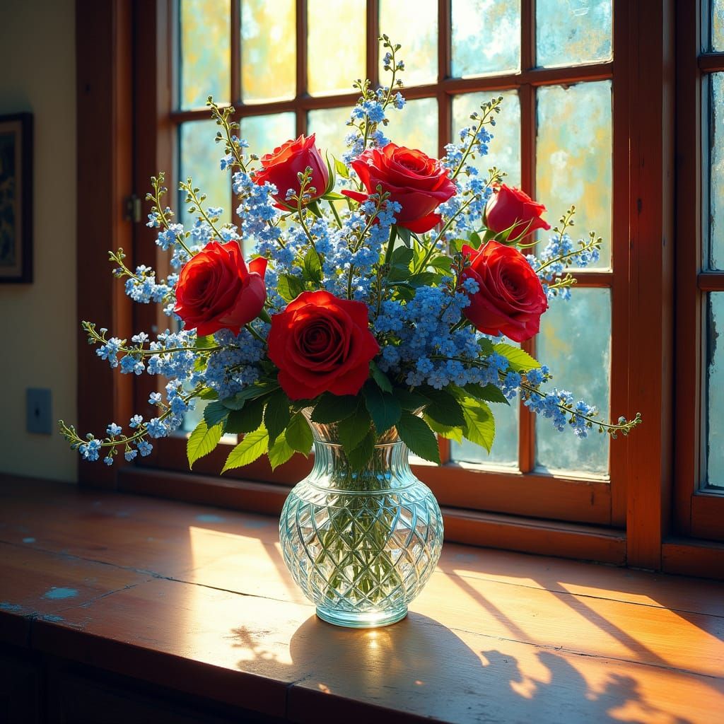 Crystal Glass Vase with Forget-Me-Not Flowers and Roses