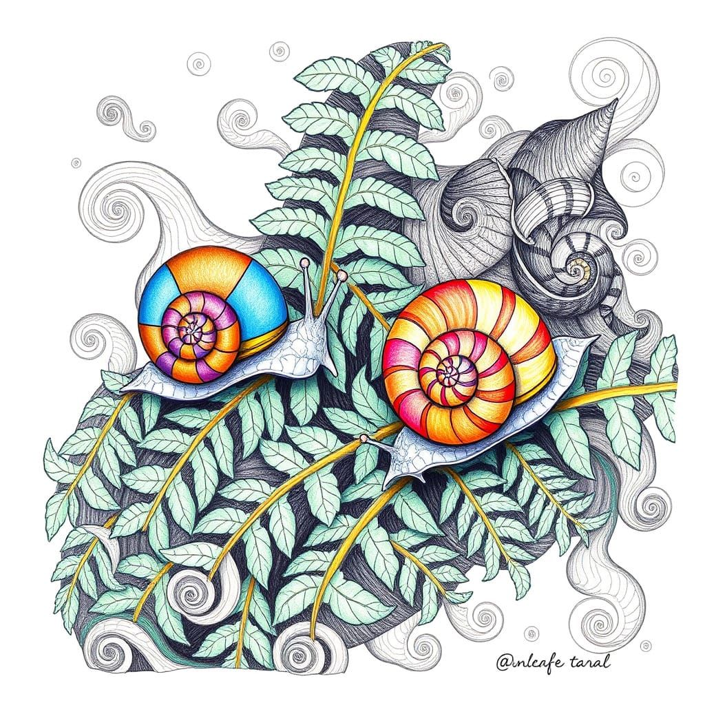 Snails on Ferns in Abstract Line-Art Style